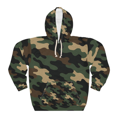 Green woodland camouflage hoodie with all-over print design from Printify, featuring a cozy pullover style and camouflage pattern.