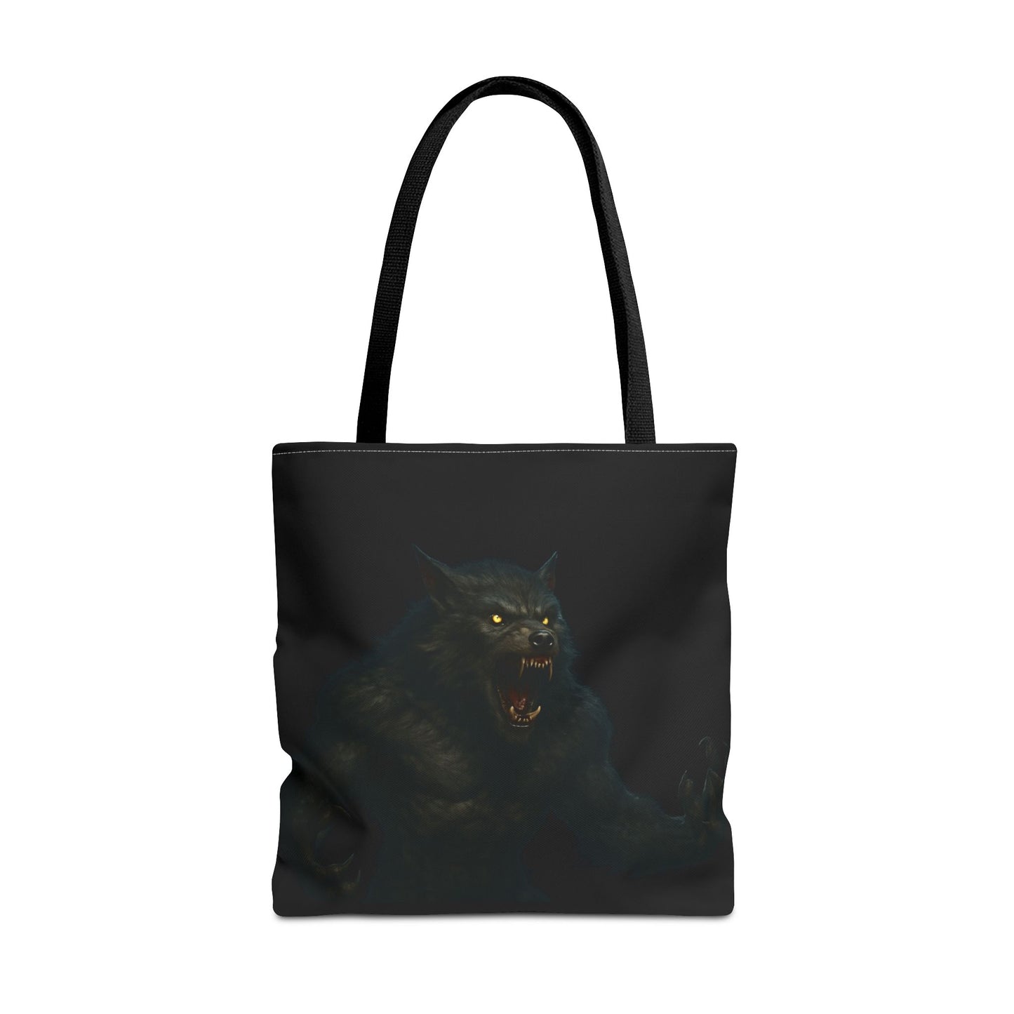 Werewolf tote bag featuring dark Halloween artwork, perfect for horror fans, made by Printify, showcasing spooky design on fabric.