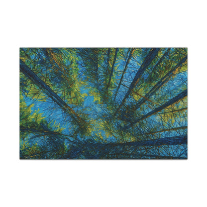 Forest Canopy Matte Canvas Wall Art — Upward View of Trees, Blue & Green Nature Print