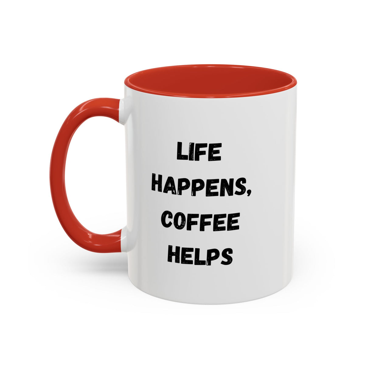 Black ceramic mug with "Life Happens Coffee Helps" text, 11oz size, with a black handle and rim, by Printify.