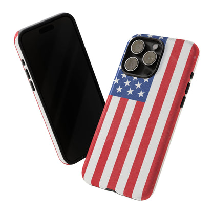 American flag tough phone case by Printify, patriotic protective cover for iPhone and Samsung smartphones.