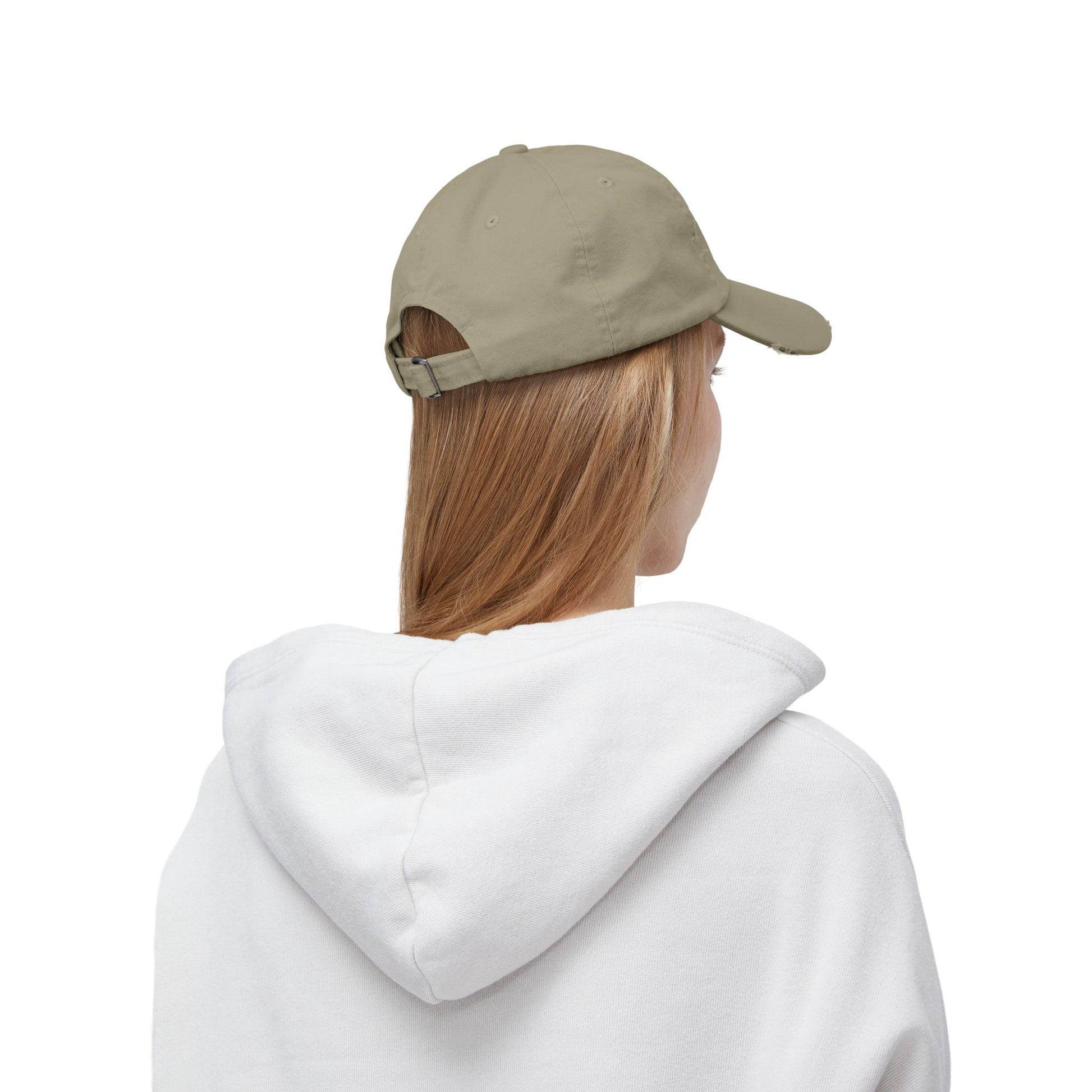 Distressed baseball cap featuring a silhouette batter design, casual hats by Printify with worn, vintage style.