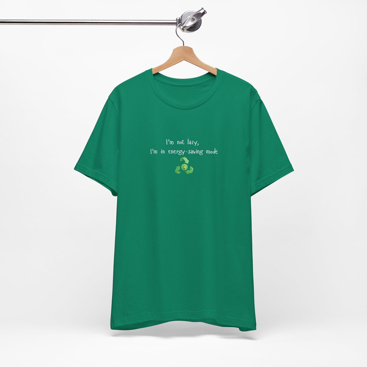 Eco humor T-shirt from Printify featuring the phrase "I'm Not Lazy, I'm an Energy-Saving Mock" on a casual cotton tee.