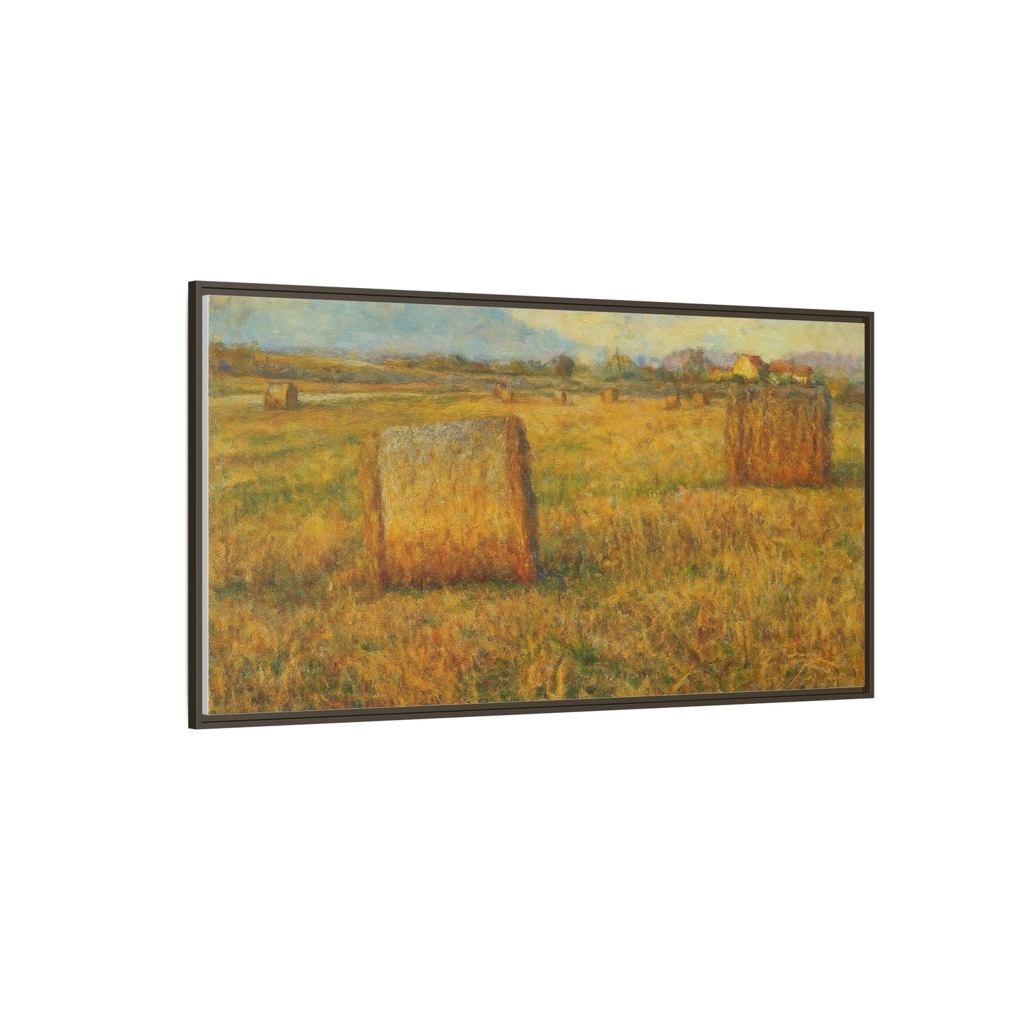 Framed matte canvas wall art featuring a rustic hayfield landscape print by Printify, perfect for farmhouse or rustic decor.