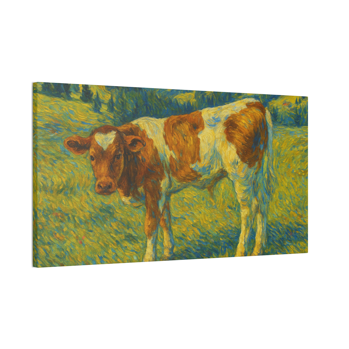 Rustic canvas wall art featuring a cow in a meadow, farmhouse style print by Printify.