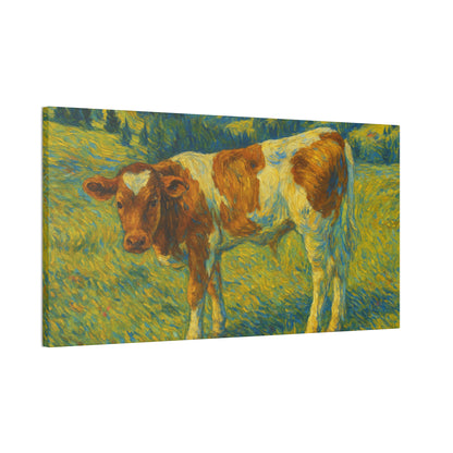 Rustic canvas wall art featuring a cow in a meadow, farmhouse style print by Printify.