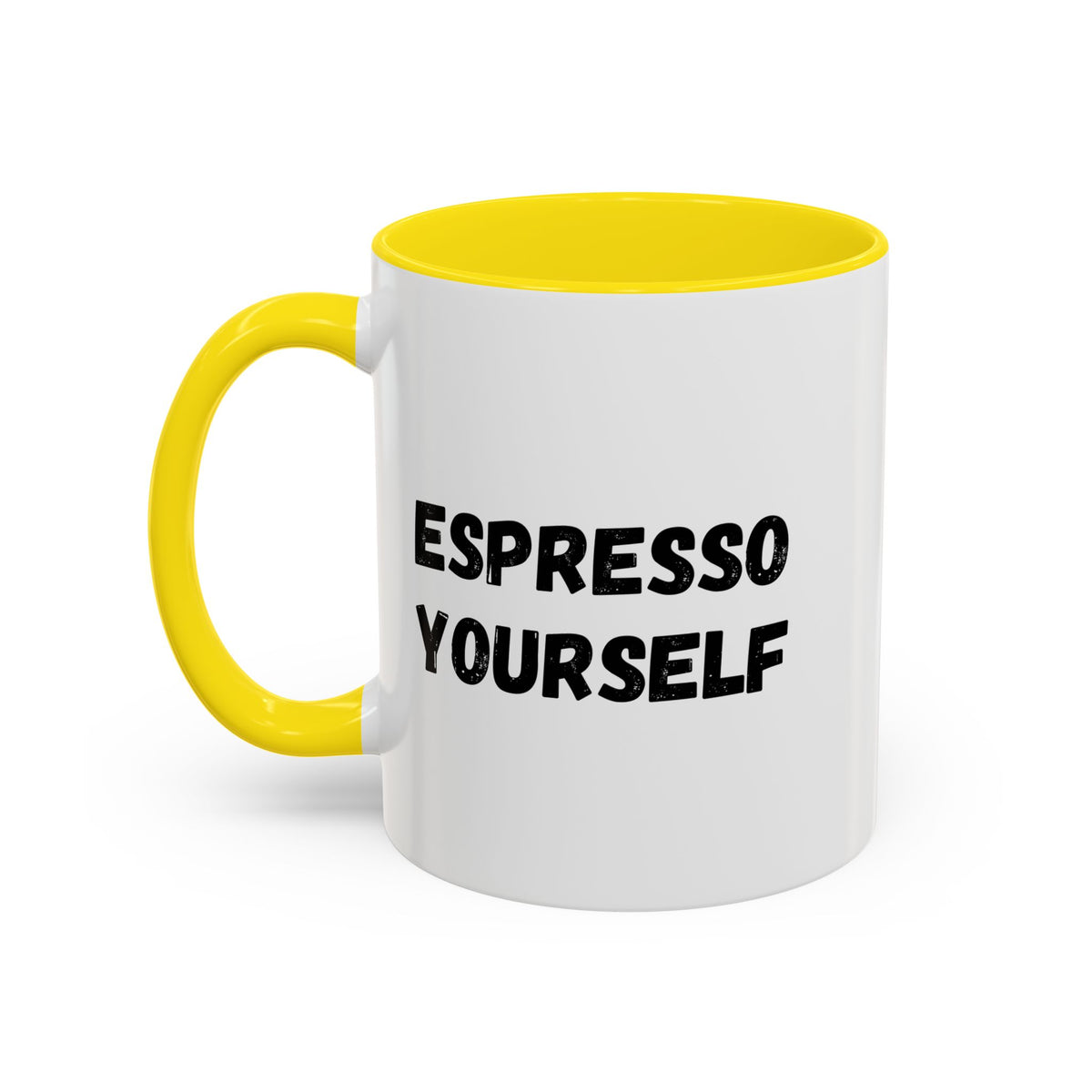 White ceramic espresso mug with "Espresso Yourself" text in black, ideal for coffee lovers, 11 oz size.