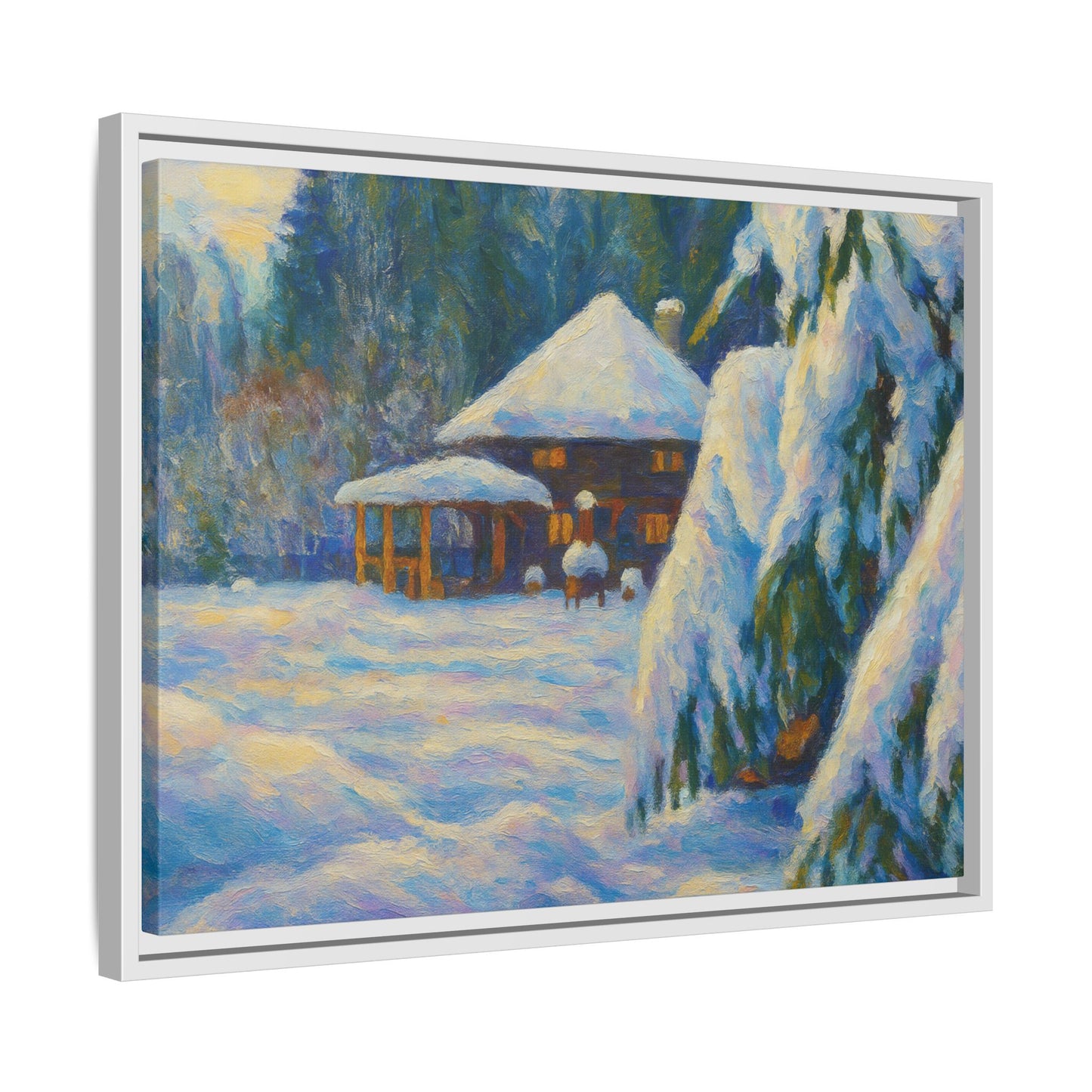 Framed matte canvas print of a snowy cabin winter landscape wall art by Printify, featuring a cozy cabin surrounded by snow.