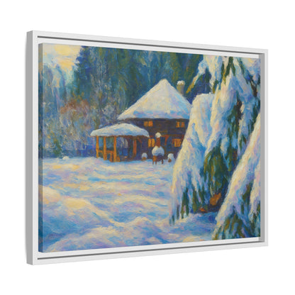 Framed matte canvas print of a snowy cabin winter landscape wall art by Printify, featuring a cozy cabin surrounded by snow.