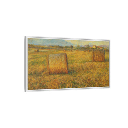Framed matte canvas wall art featuring a rustic hayfield landscape print by Printify