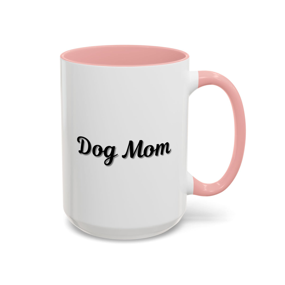 Dog Mom Accent Coffee Mug — white ceramic coffee mug with retro script "Dog Mom" print, colored interior and C-handle, 11oz/15oz, top-down view