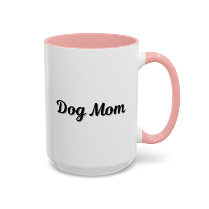Dog Mom Accent Coffee Mug — white ceramic coffee mug with retro script "Dog Mom" print, colored interior and C-handle, 11oz/15oz, top-down view