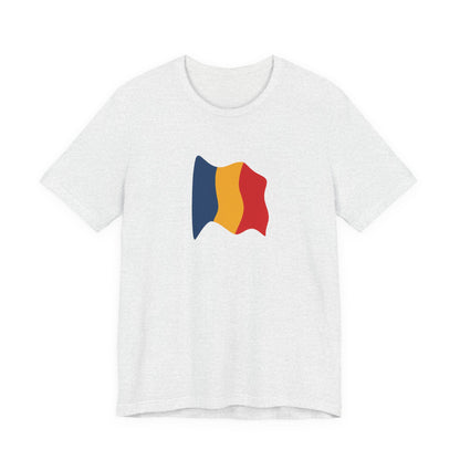 Romania flag T-shirt by Printify featuring a minimal waving tricolor design on a casual tee.