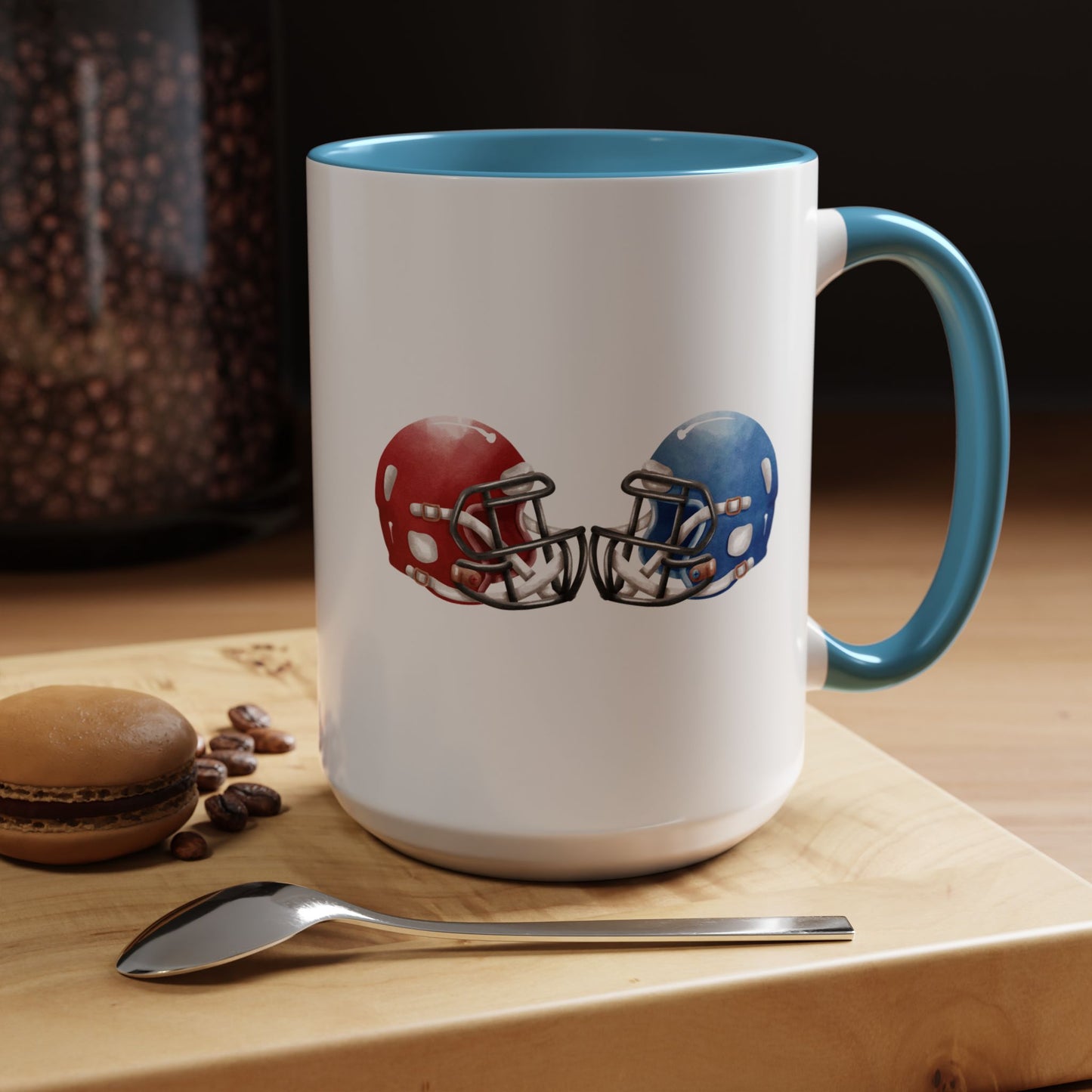 Football Helmet Coffee Mug — Red vs Blue Rivalry Accent Mug (11/15oz)