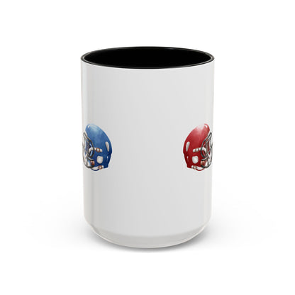 Football Helmet Coffee Mug — Red vs Blue Rivalry Accent Mug (11/15oz)