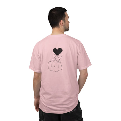 Black T-shirt with a minimal white finger heart graphic, designed by Printify, showcasing a simple, stylish graphic tee.