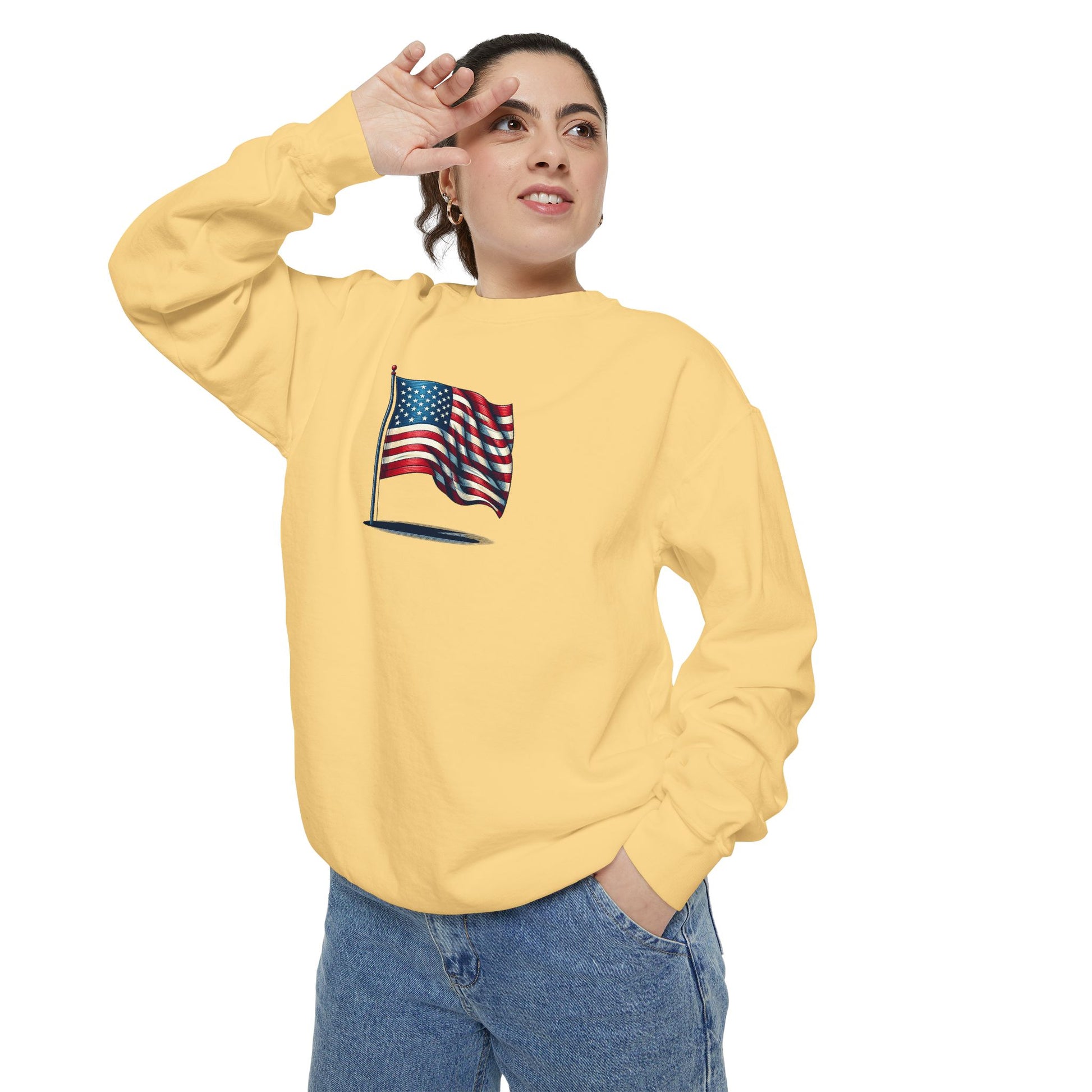Patriotic Unisex Garment-Dyed Sweatshirt with Vintage American Flag, Cozy Fall Outfit, Statement Sweater, Gift for Veterans, Casual Fashion - TRV