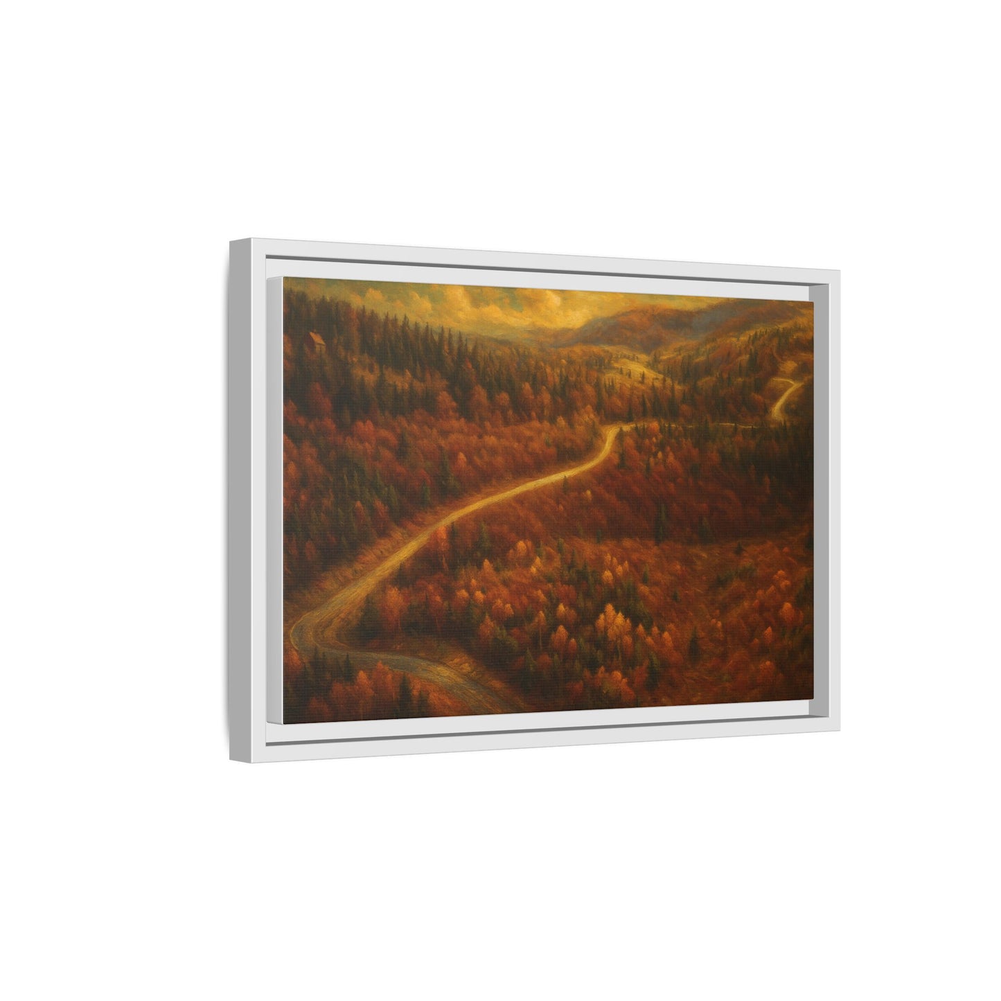 Framed matte canvas print of autumn forest road landscape wall art, featuring vibrant fall colors and natural scenery.