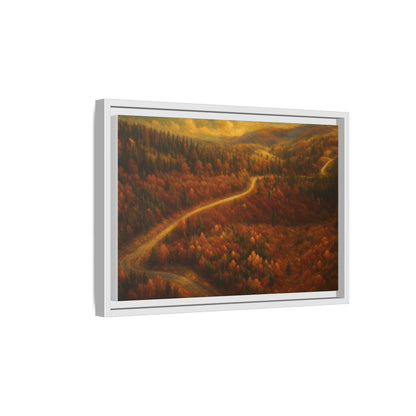 Framed matte canvas print of autumn forest road landscape wall art, featuring vibrant fall colors and natural scenery.
