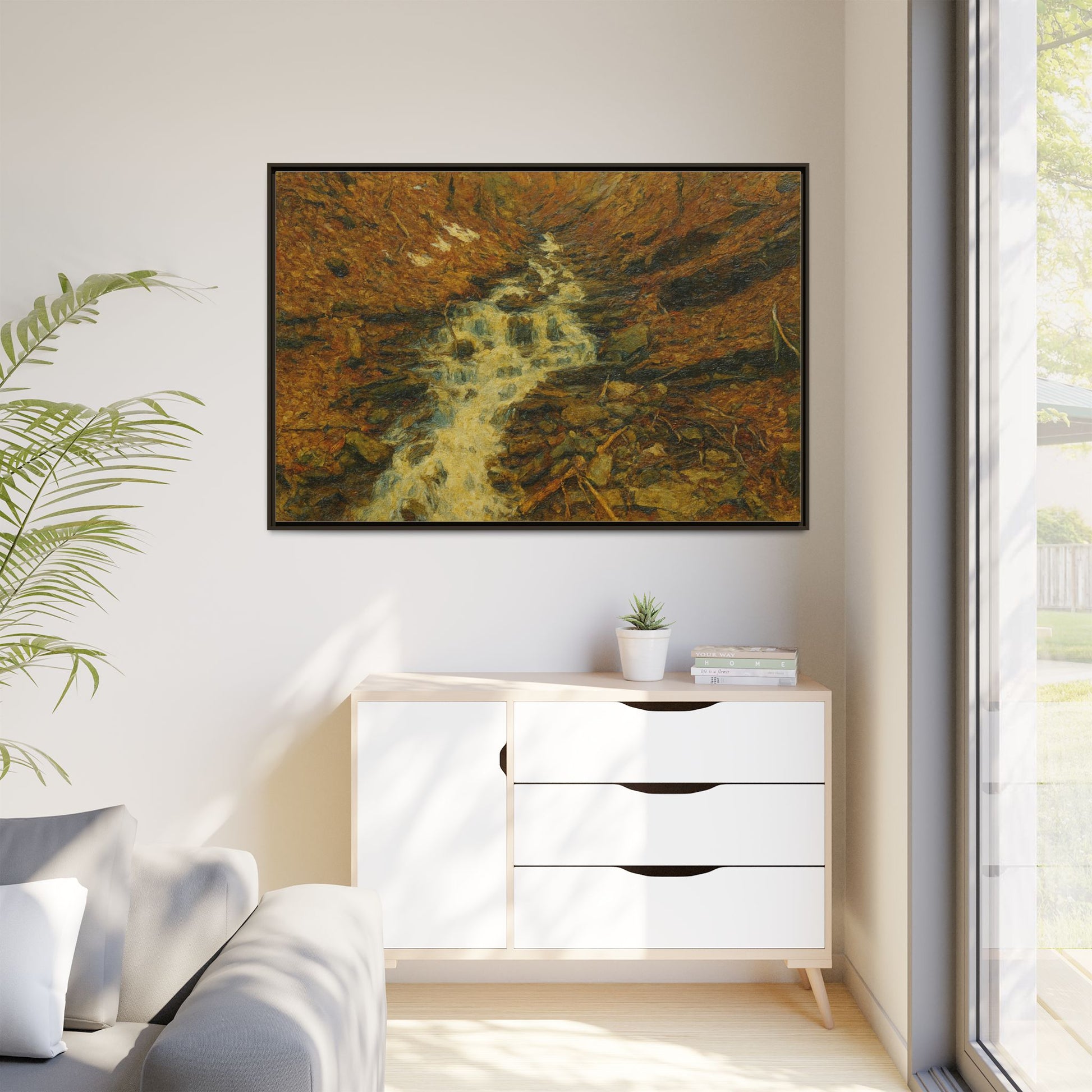 Framed matte canvas print of autumn stream landscape artwork by Printify, featuring vibrant fall colors and tranquil nature scene.