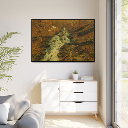 Framed matte canvas print of autumn stream landscape artwork by Printify, featuring vibrant fall colors and tranquil nature scene.
