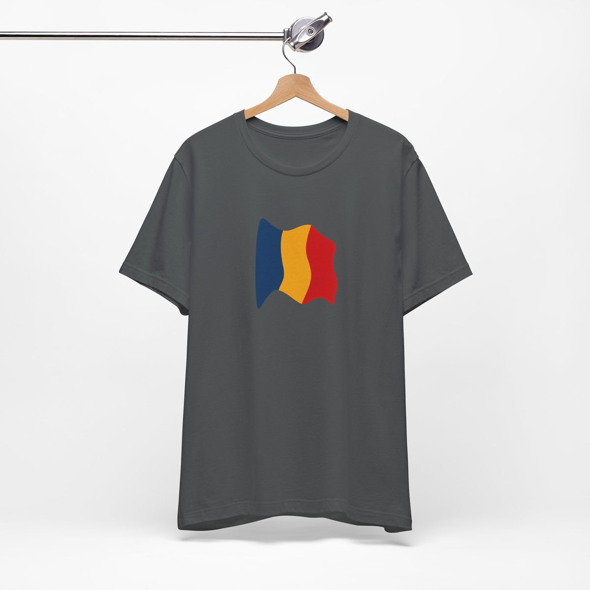 Romania flag T-shirt by Printify featuring a minimal waving tricolor design on a casual tee.