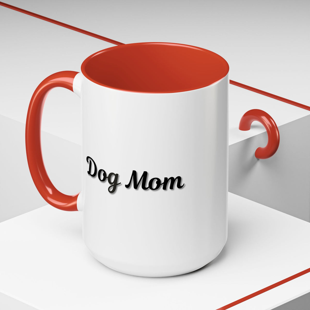 Dog Mom Accent Coffee Mug — white ceramic coffee mug with retro script "Dog Mom" print, colored interior and C-handle, 11oz/15oz, additional angle