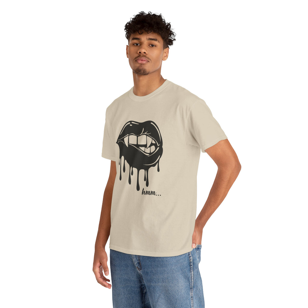 Black graphic T-shirt by Printify featuring a dripping lips "hmm..." bite design on the front.