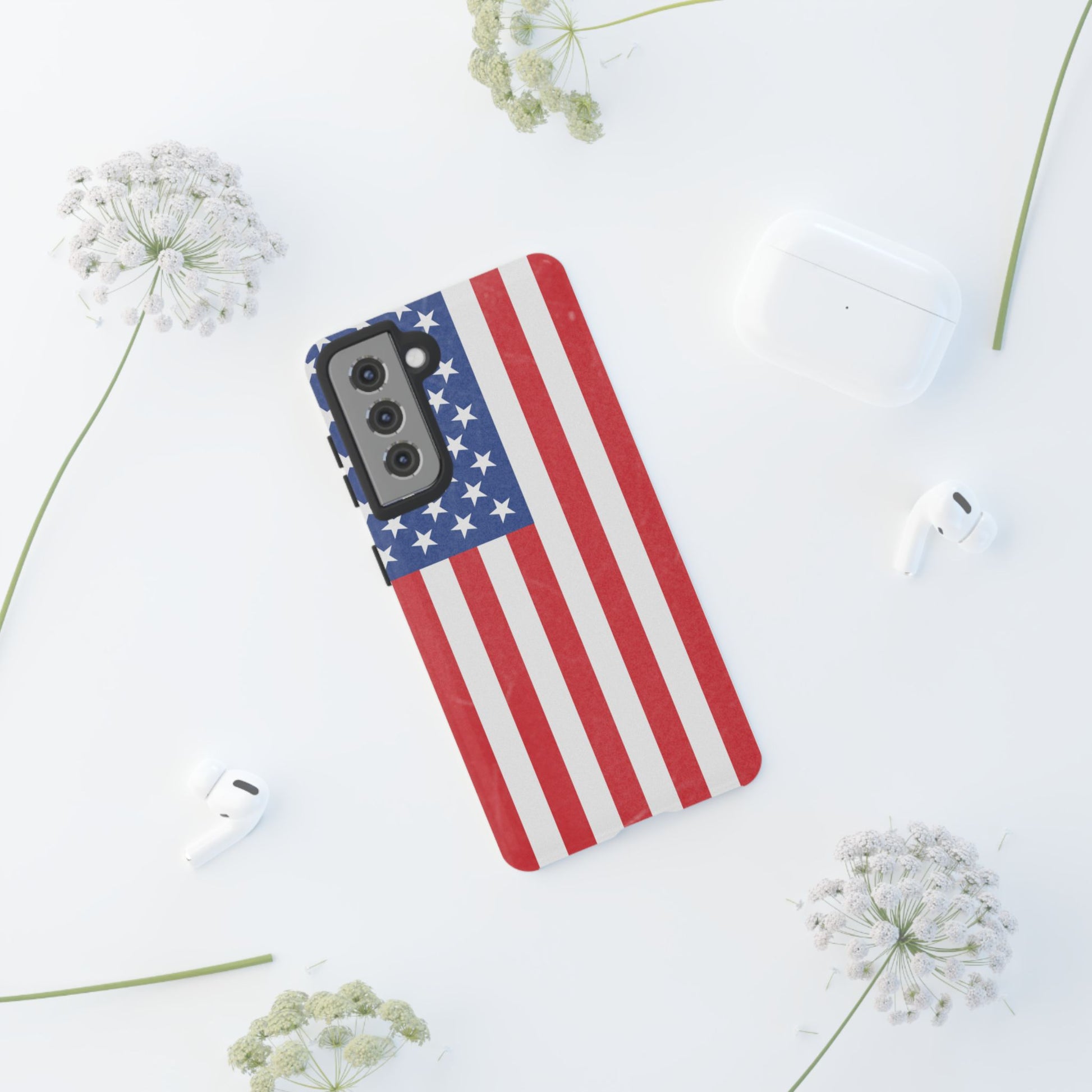 American flag tough phone case for iPhone and Samsung, patriotic protective cover with durable design and bold flag print.