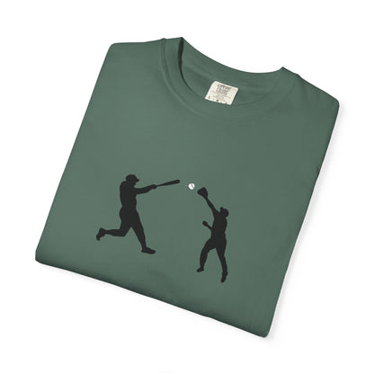 Black baseball silhouette T-shirt featuring a minimal baseball players graphic design on soft fabric.