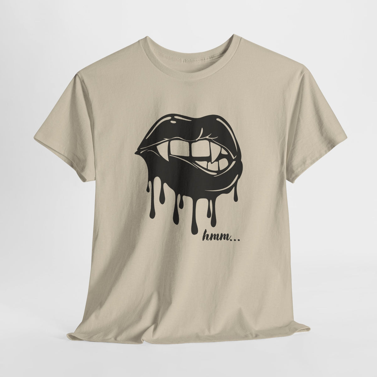 Black graphic T-shirt by Printify featuring a dripping lips 'hmm...' bite design on the front.