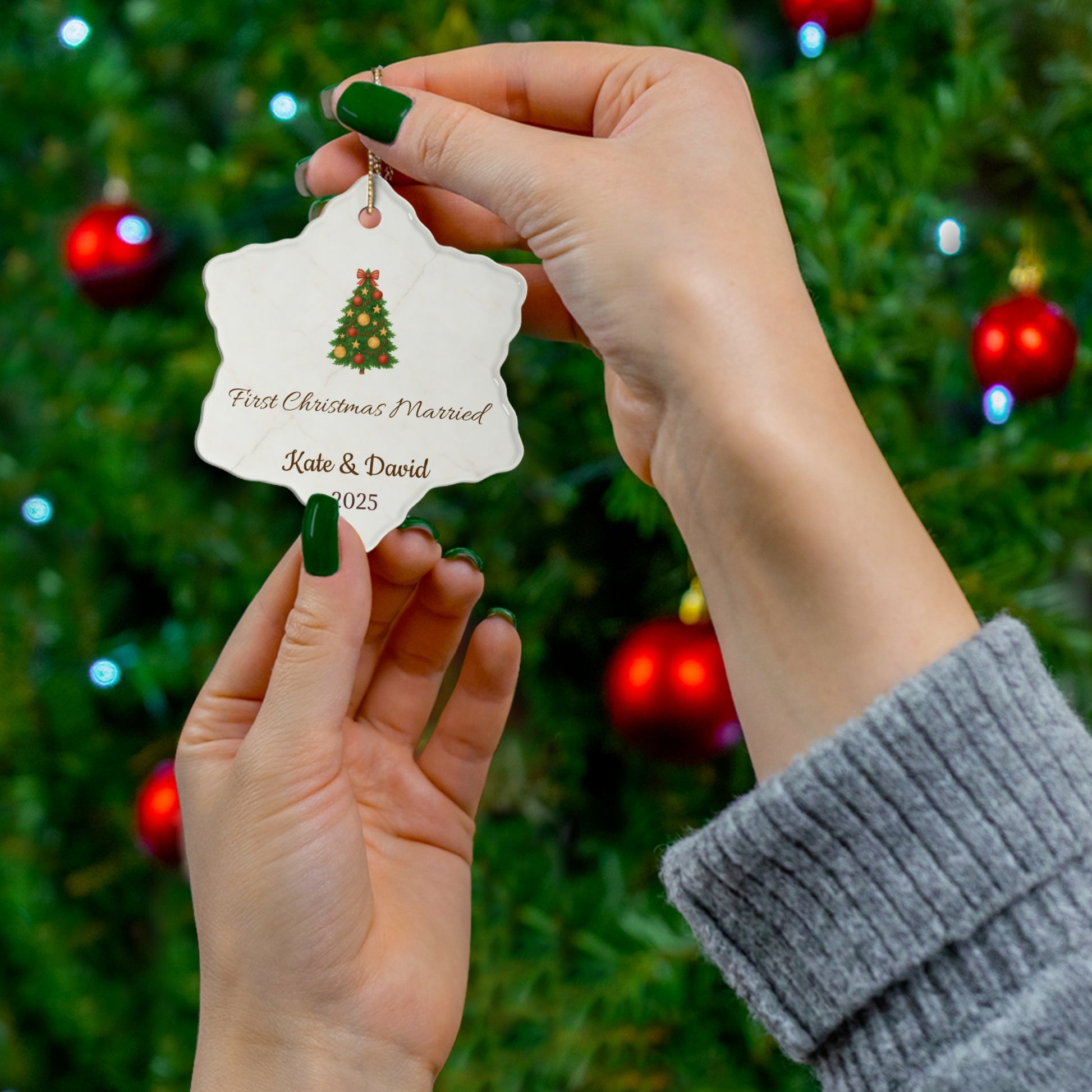 Personalized First Christmas Married ceramic ornament with names and year, featuring festive holiday design.