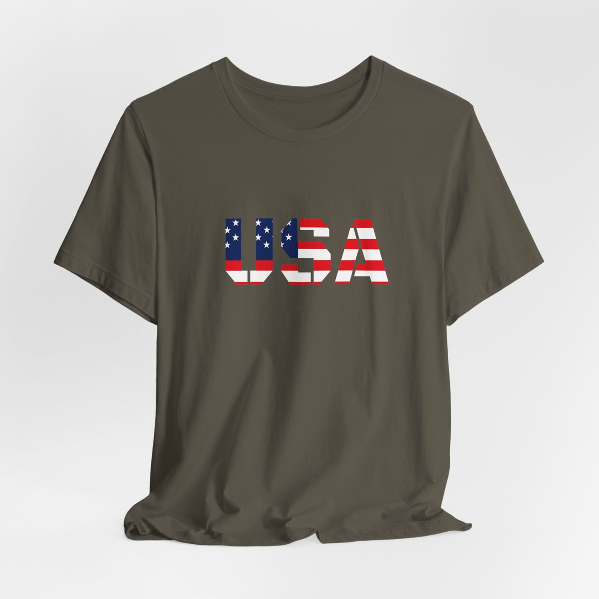 USA Flag Text T-Shirt by Printify featuring patriotic red, white, and blue design for Fourth of July celebrations.