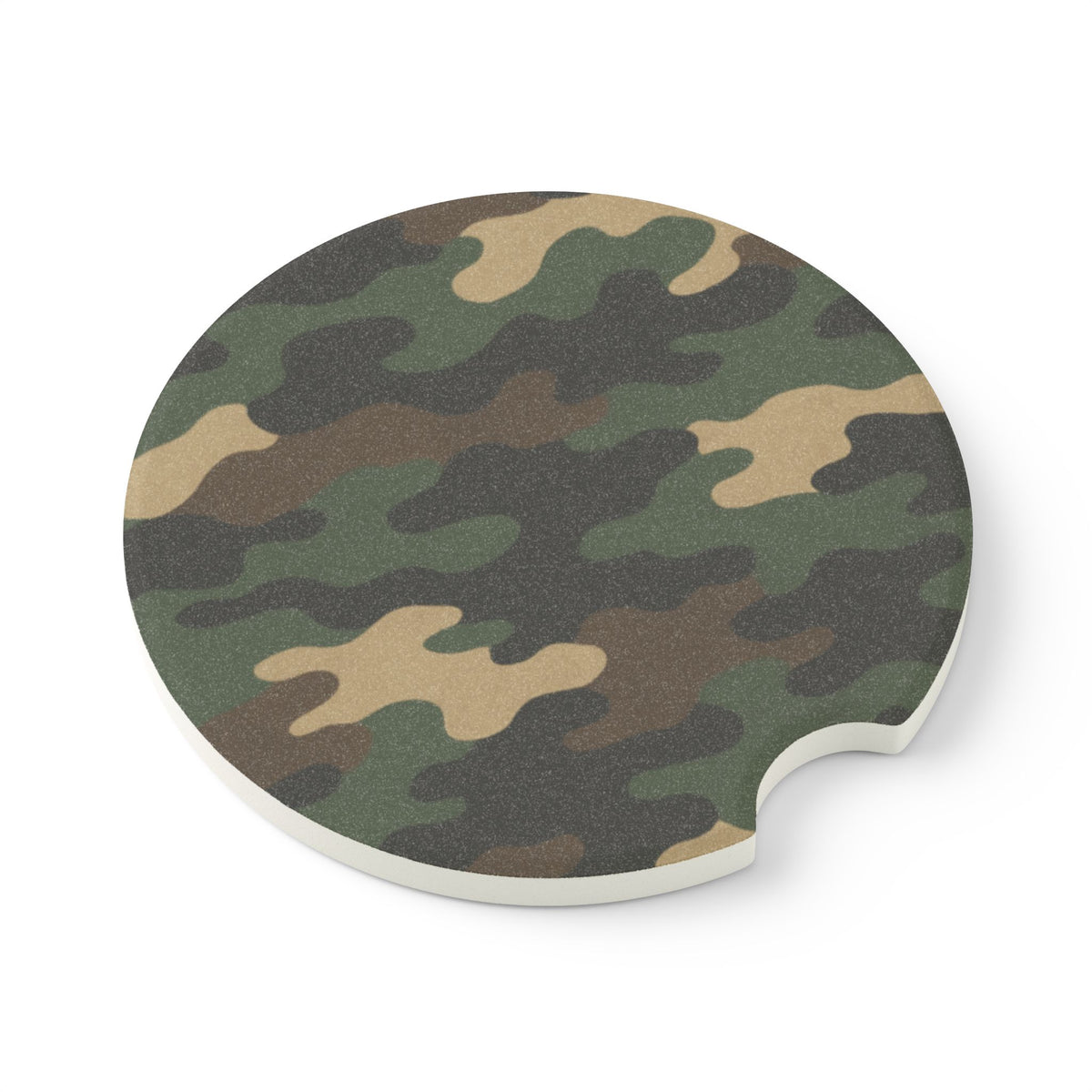 Camouflage soapstone car coaster with printy branding, designed to fit in a cup holder as a drink mat for vehicles.
