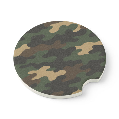 Camouflage soapstone car coaster with printy branding, designed to fit in a cup holder as a drink mat for vehicles.