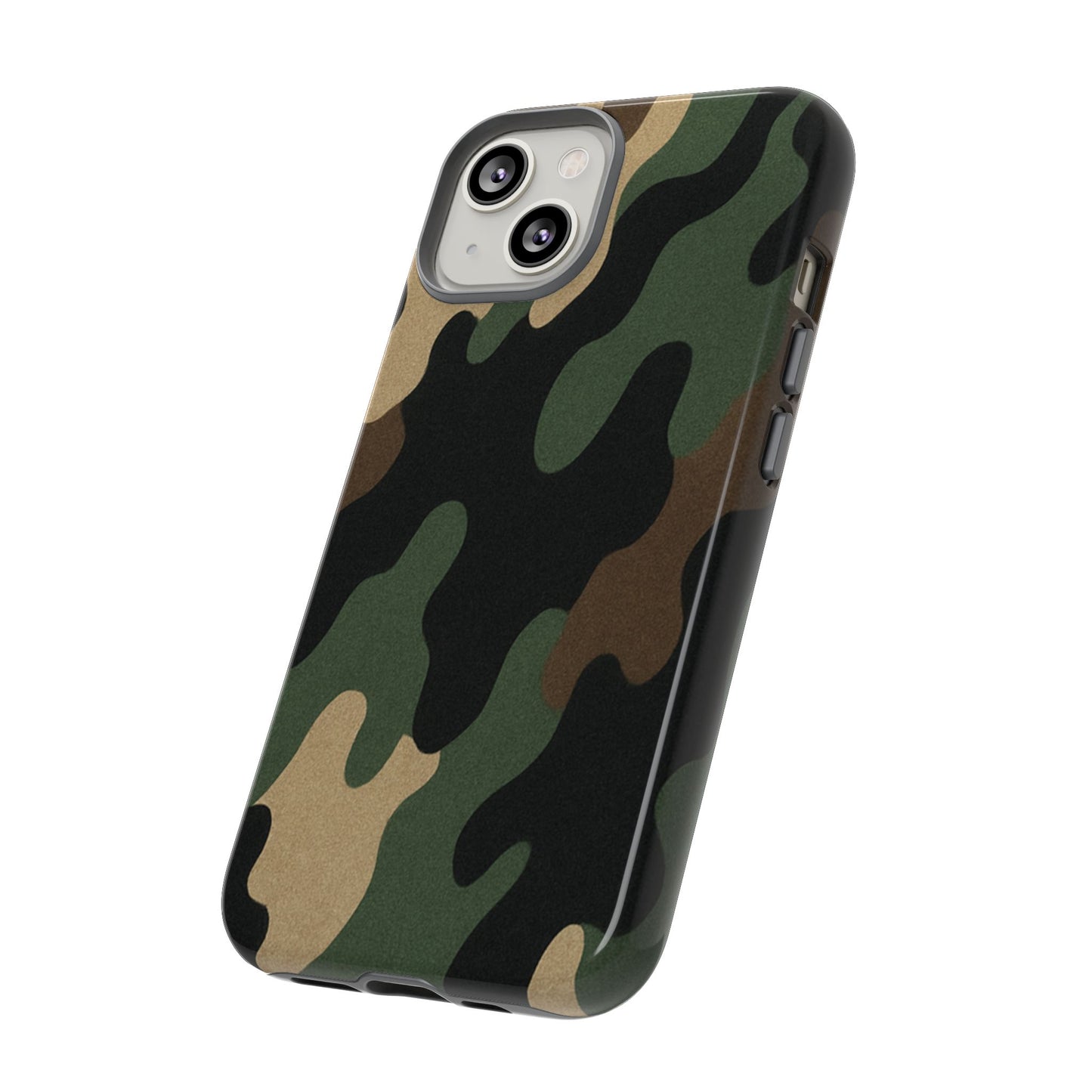 Military green camo tough phone case by Printify, rugged protective cover for smartphones with military-style camouflage pattern.