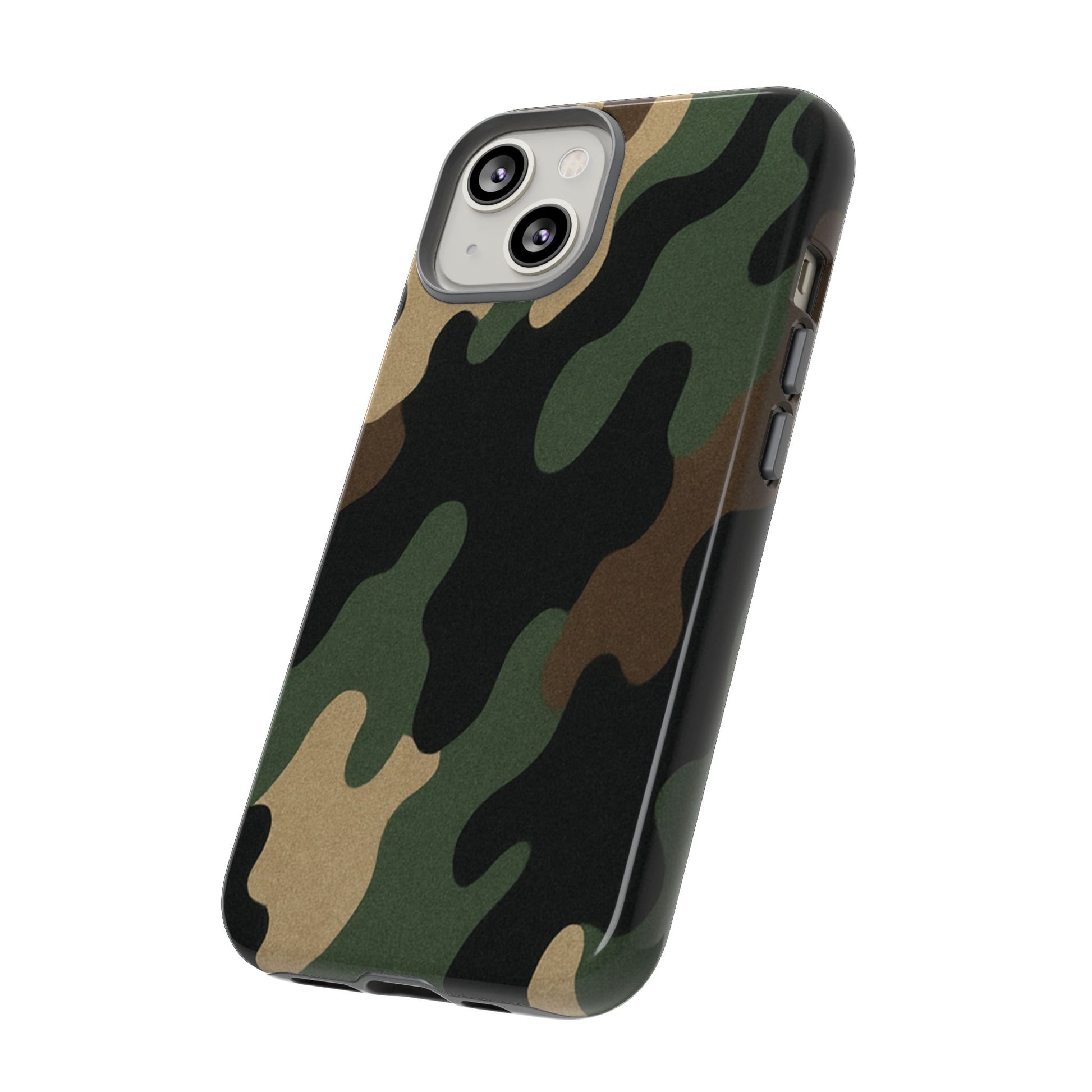 Military green camo tough phone case by Printify, rugged protective cover for smartphones with military-style camouflage pattern.