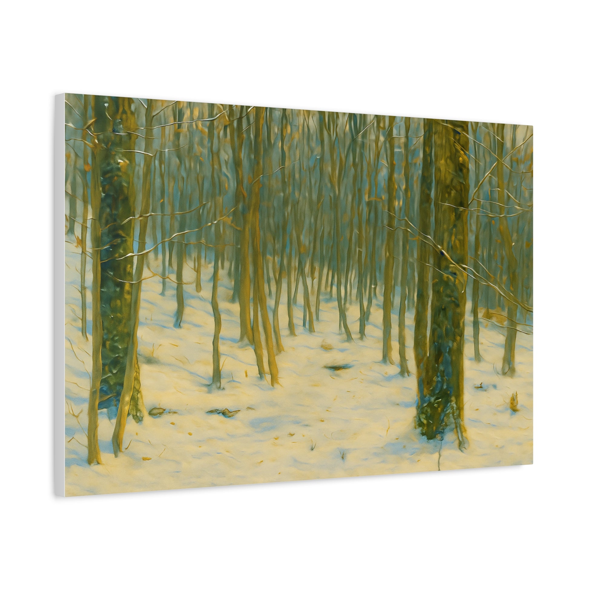 Snowy winter forest canvas print by Printify, featuring a scenic winter landscape on a stretched matte canvas.