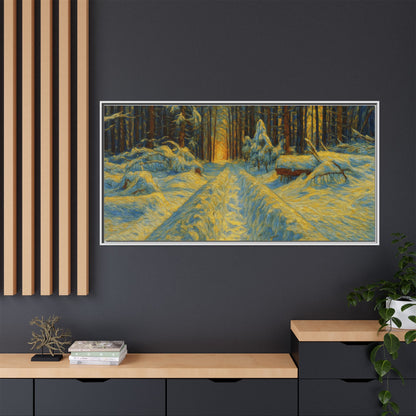 Framed matte canvas print of a snowy forest path at sunset, wall art by Printify featuring winter landscape and nature scene