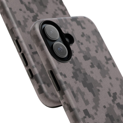 Gray digital camouflage phone case by Printify, tough protective cover designed for smartphones.