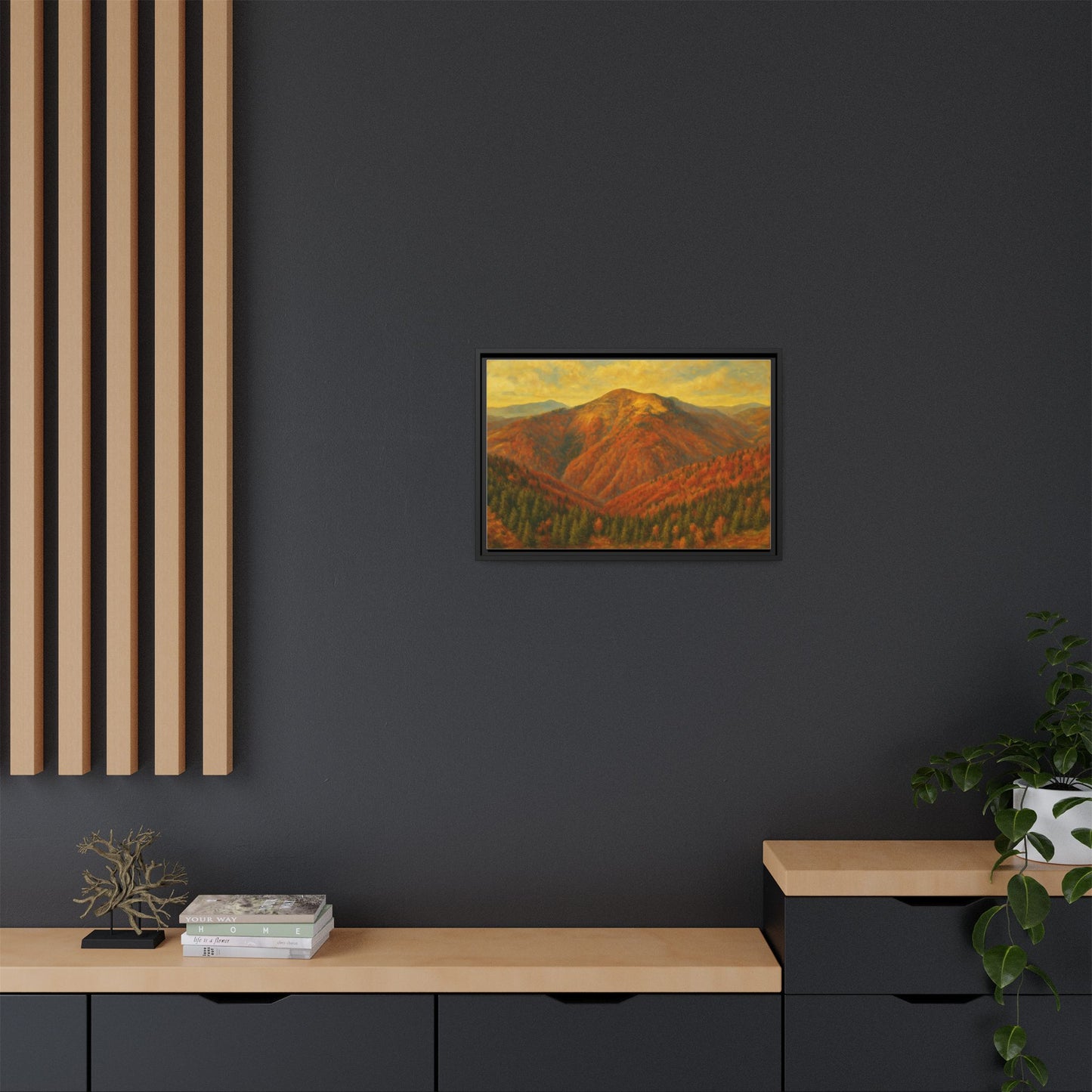 Autumn mountain matte canvas framed wall art by Printify featuring a scenic mountain landscape in warm fall colors.