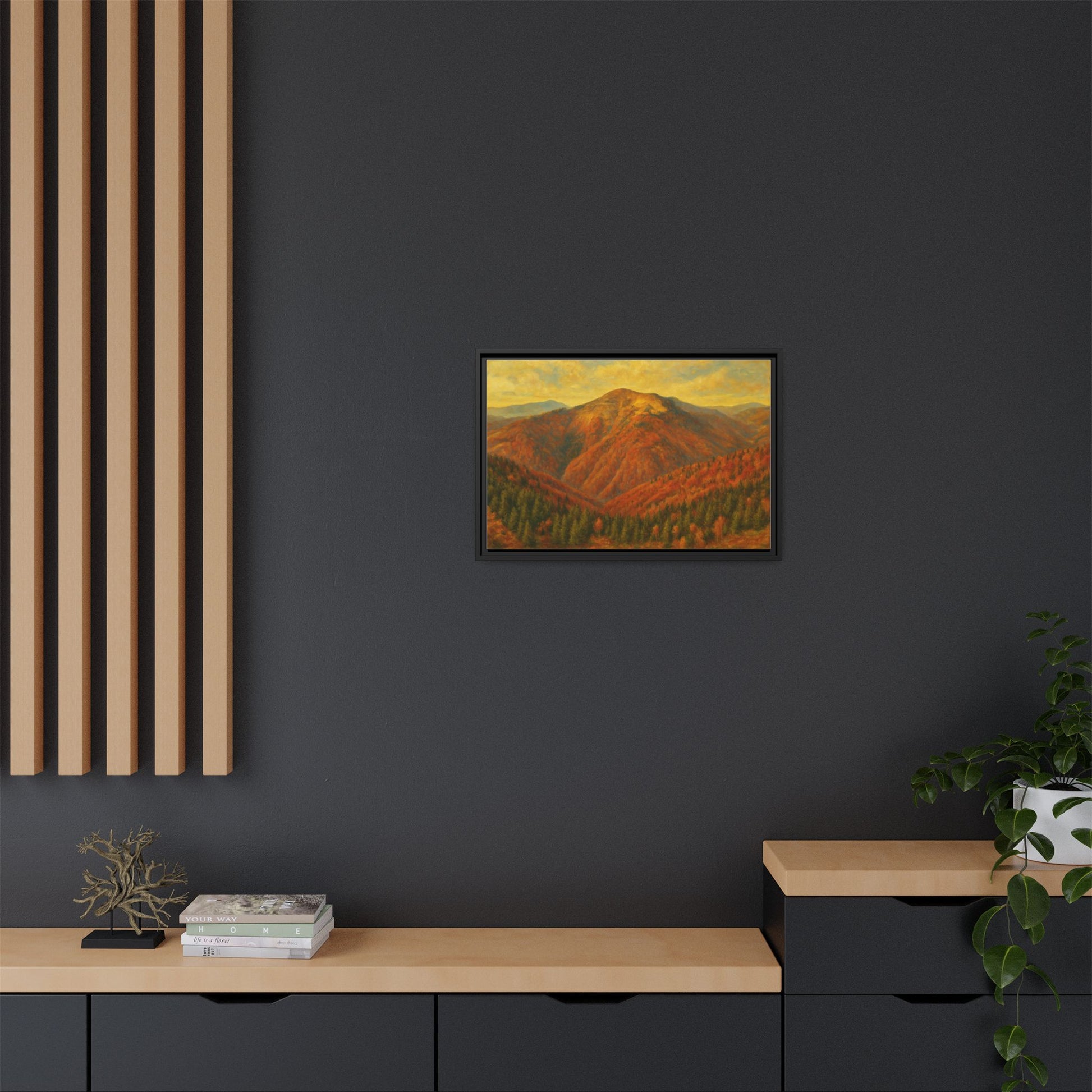 Autumn mountain matte canvas framed wall art by Printify featuring a scenic mountain landscape in warm fall colors.