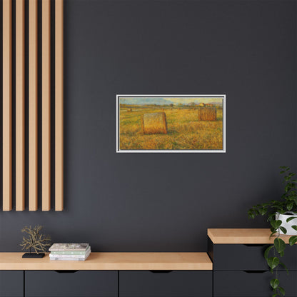 Framed matte canvas wall art featuring a rustic hayfield landscape print, showcasing natural colors and countryside scenery.