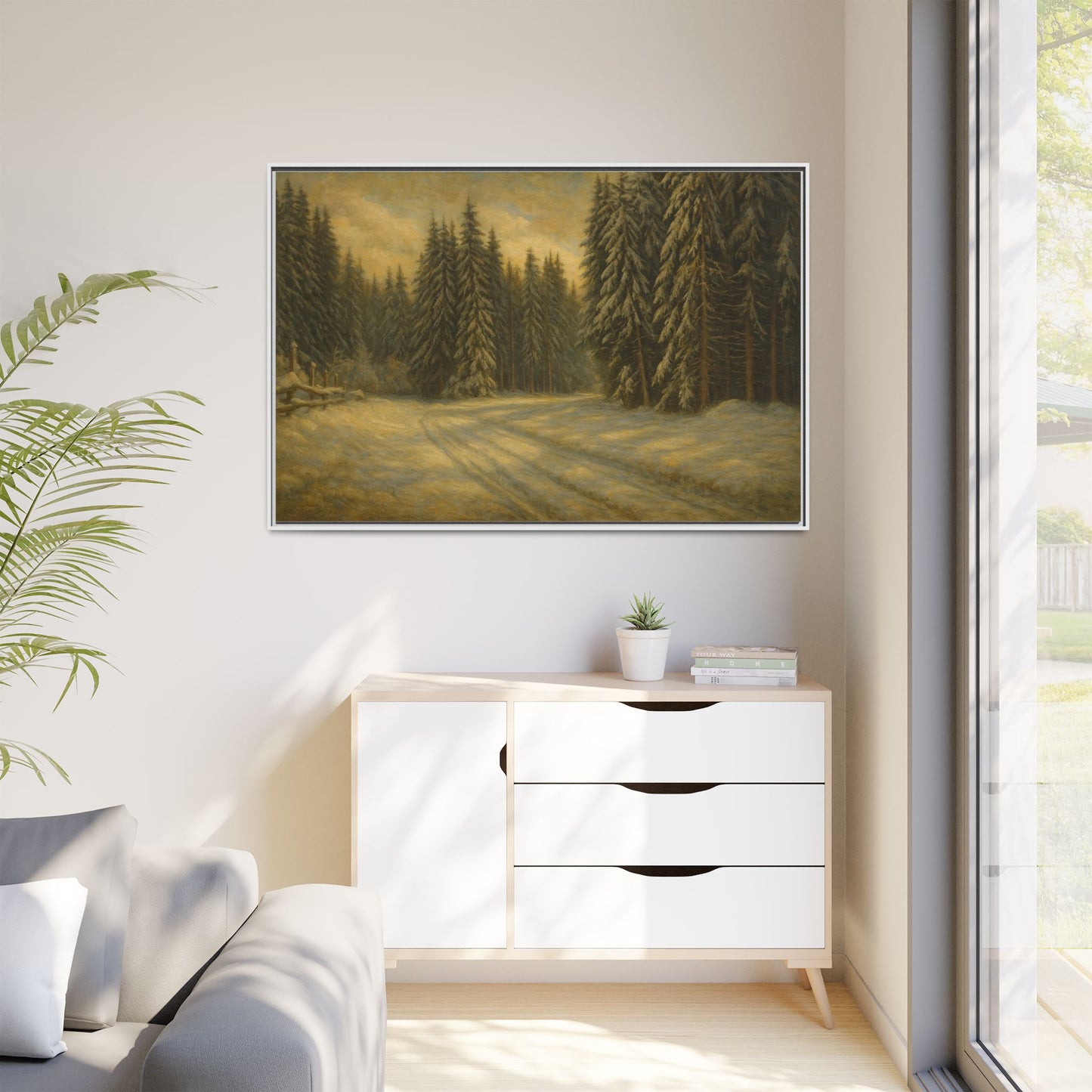 Framed matte canvas wall art featuring a winter forest landscape with snow-covered trees and a serene outdoor scene.