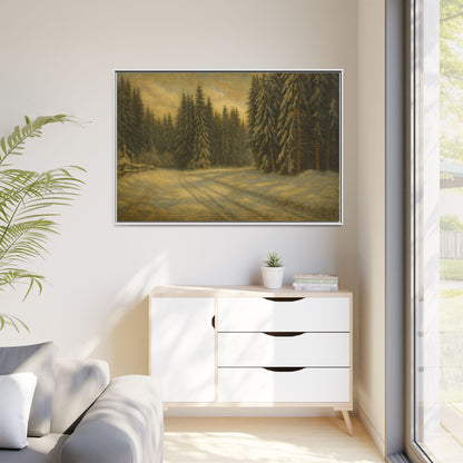 Framed matte canvas wall art featuring a winter forest landscape with snow-covered trees and a serene outdoor scene.