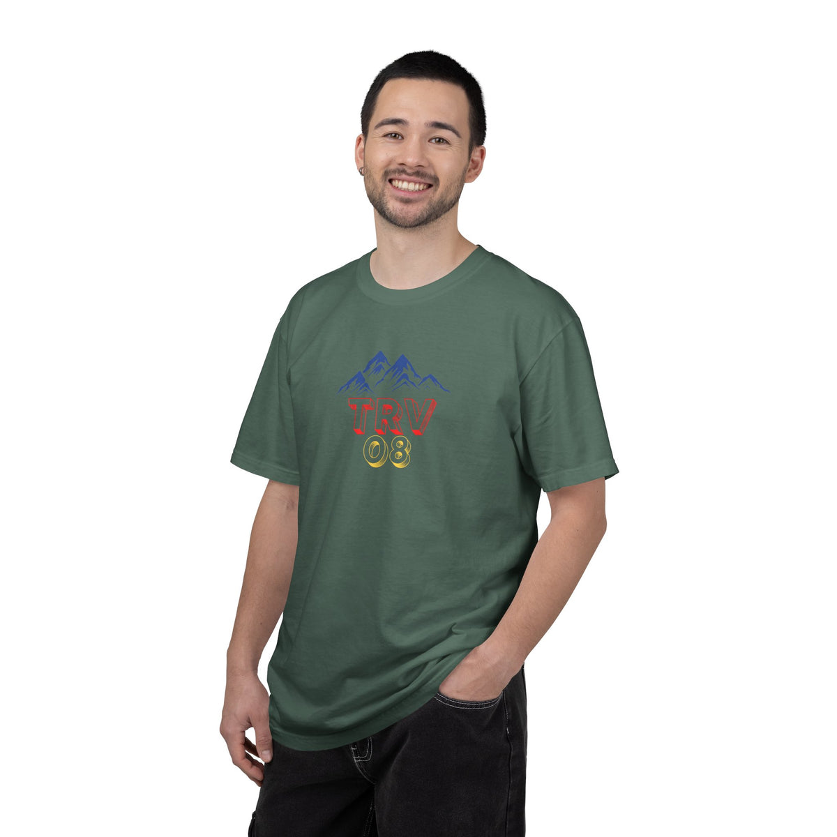 Unisex printify TRV08 Logo T-shirt, garment-dyed cotton tee with printed logo on front, casual and comfortable clothing option.