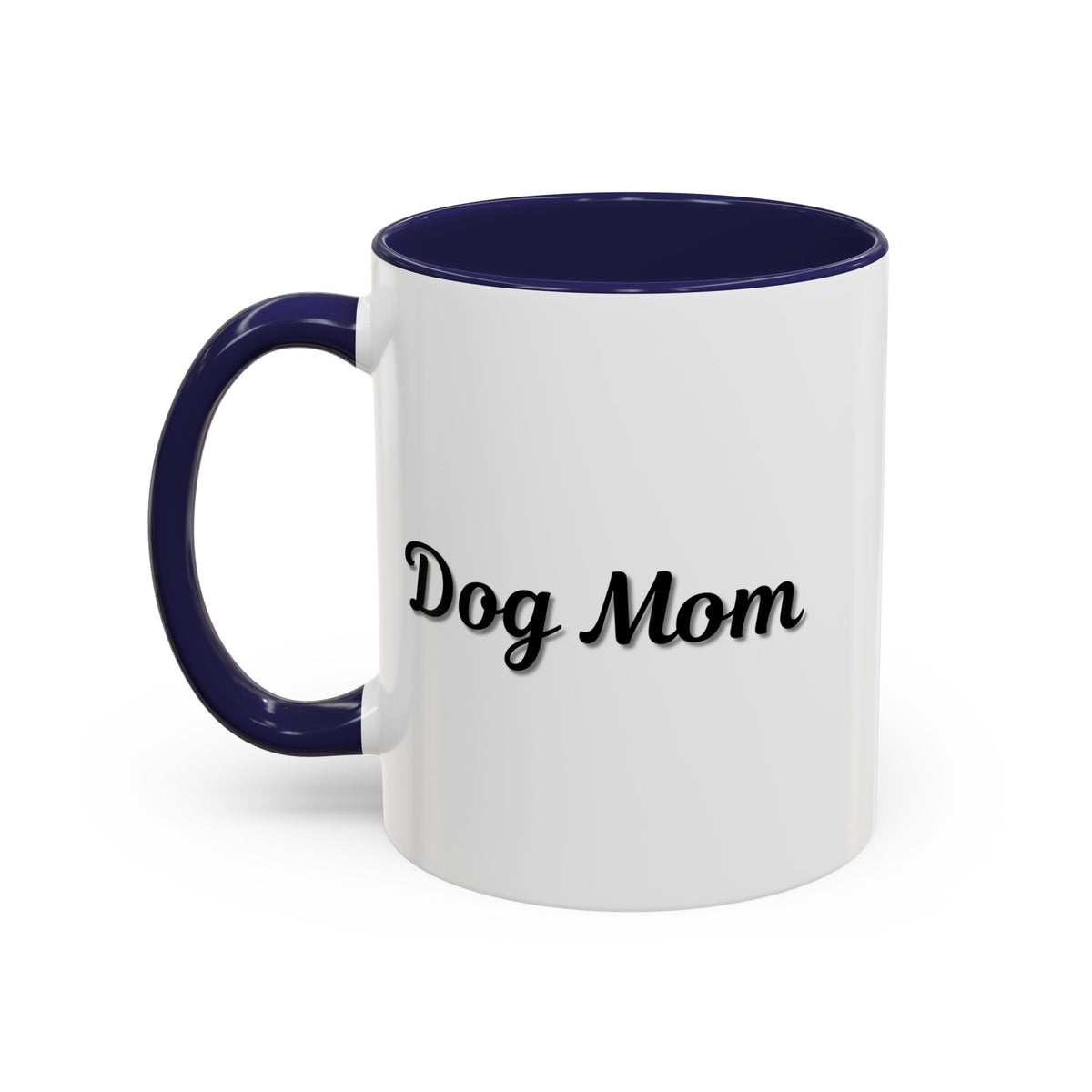 Dog Mom Accent Coffee Mug — white ceramic coffee mug with retro script "Dog Mom" print, colored interior and C-handle, 11oz/15oz, top-down view