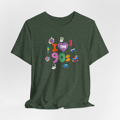 I  Love the 90's Short Sleeve Tee - Retro Graphic Tee, Vintage Style Shirt, Perfect for Casual Outings, 90s Nostalgia Apparel