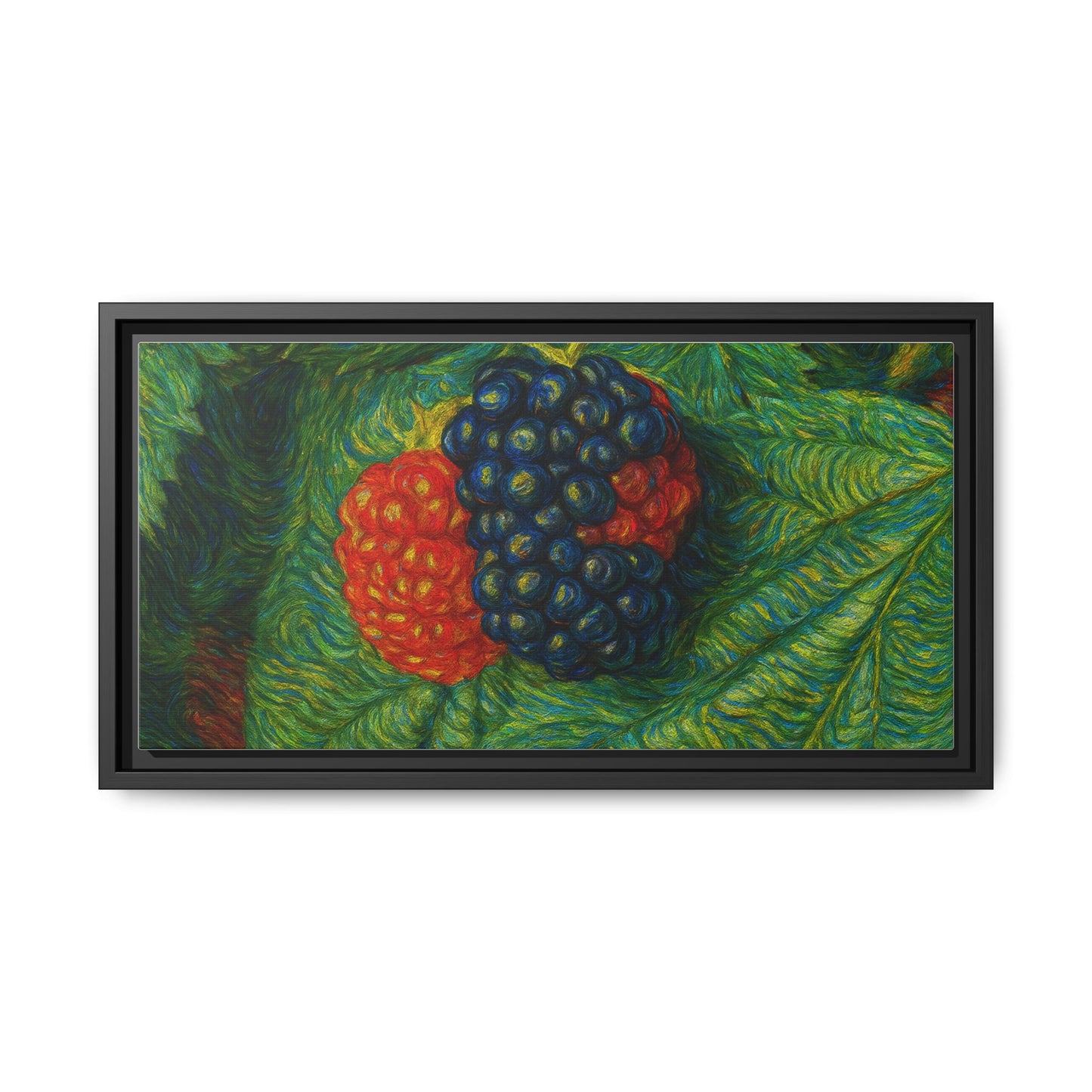 Blackberry still life framed canvas print by Printify featuring a detailed, vibrant depiction of ripe blackberries on a neutral background.