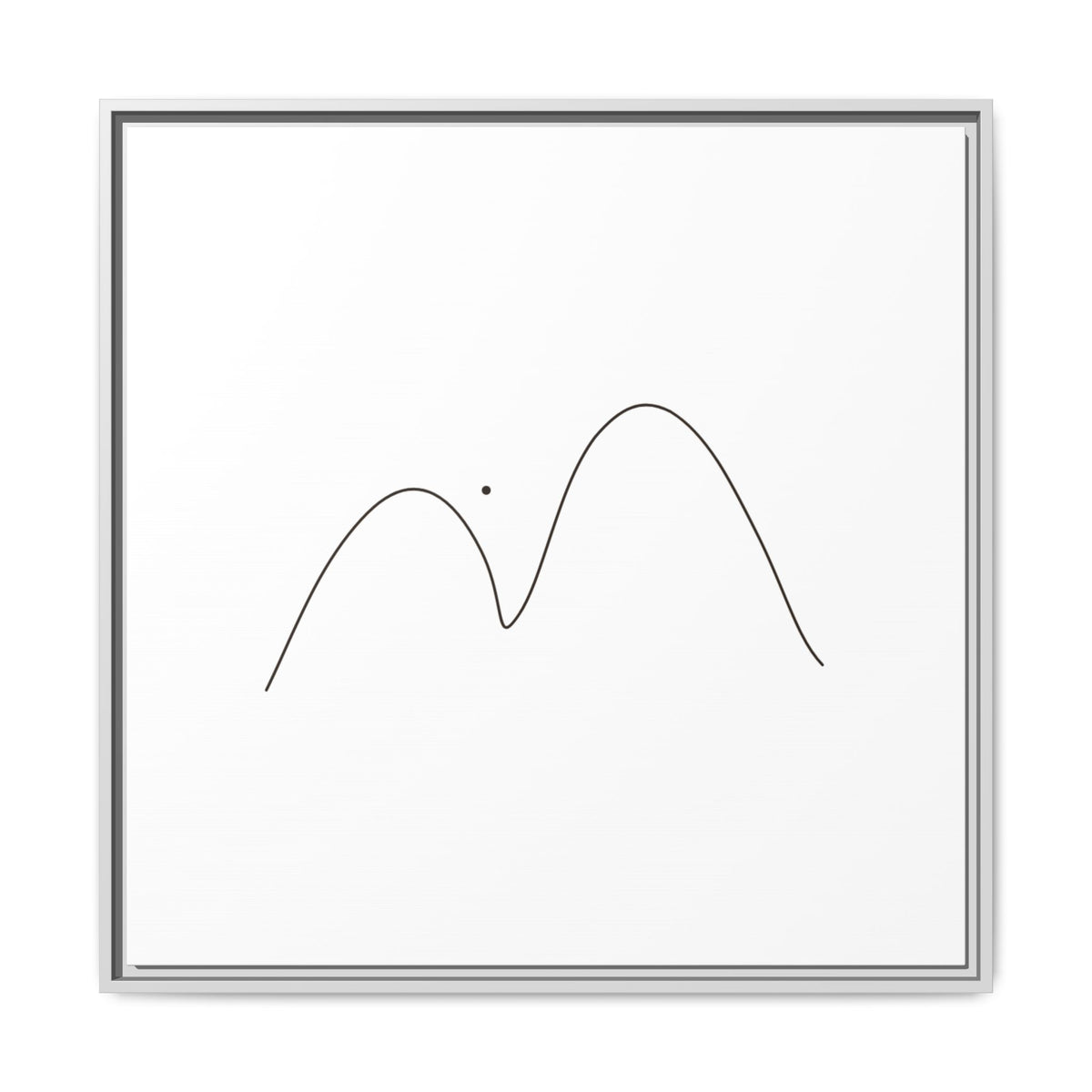 Minimalist mountain line art on framed matte canvas by Printify, showcasing simple mountain silhouettes against a white background.